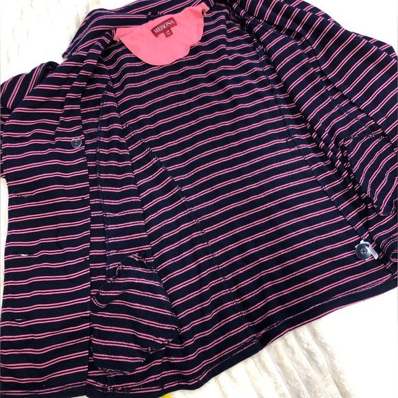 Merona EUC Navy & Pink Striped Double Breasted Knit Jacket w/Tie Belt Large - Picture 8 of 14